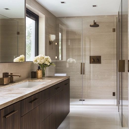 Modern bathroom with double sinks, mirrors, and neatly arranged towels