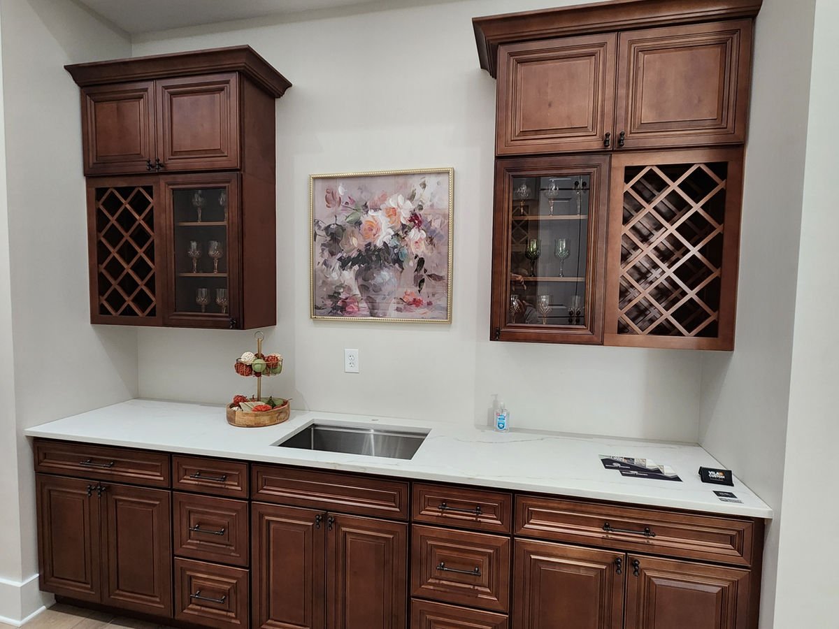 Dark Caramel wood look kitchen cabinets