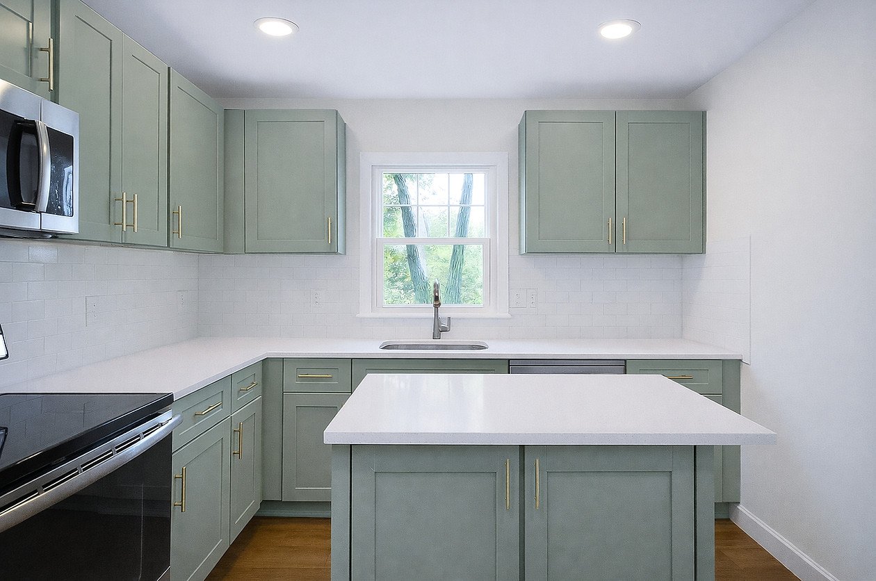 Sage Green shaker kitchen cabinets