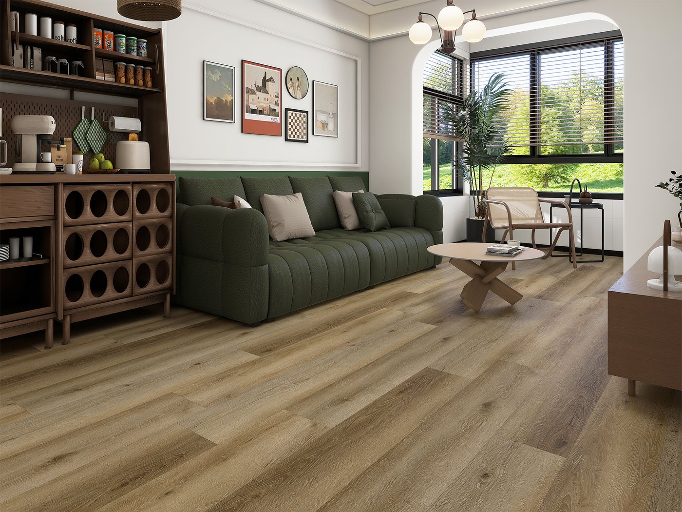 Warm wood-look luxury vinyl plank flooring in a bright, modern living room