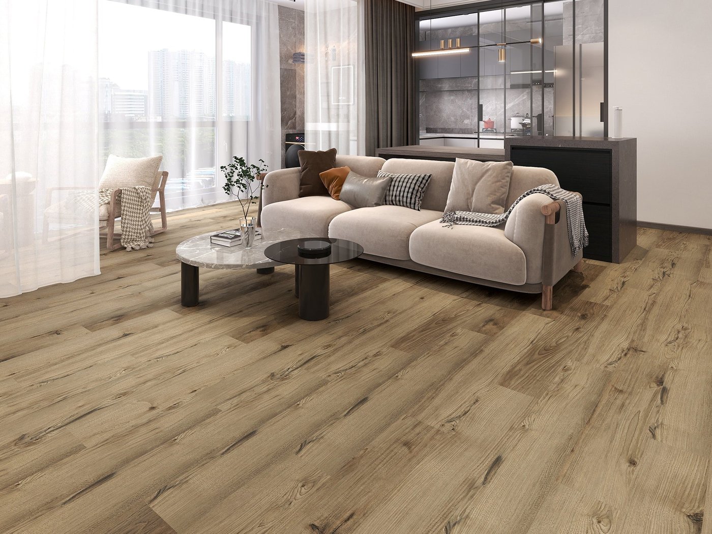 Tigertail Coastal luxury vinyl plank flooring shown in a finished room