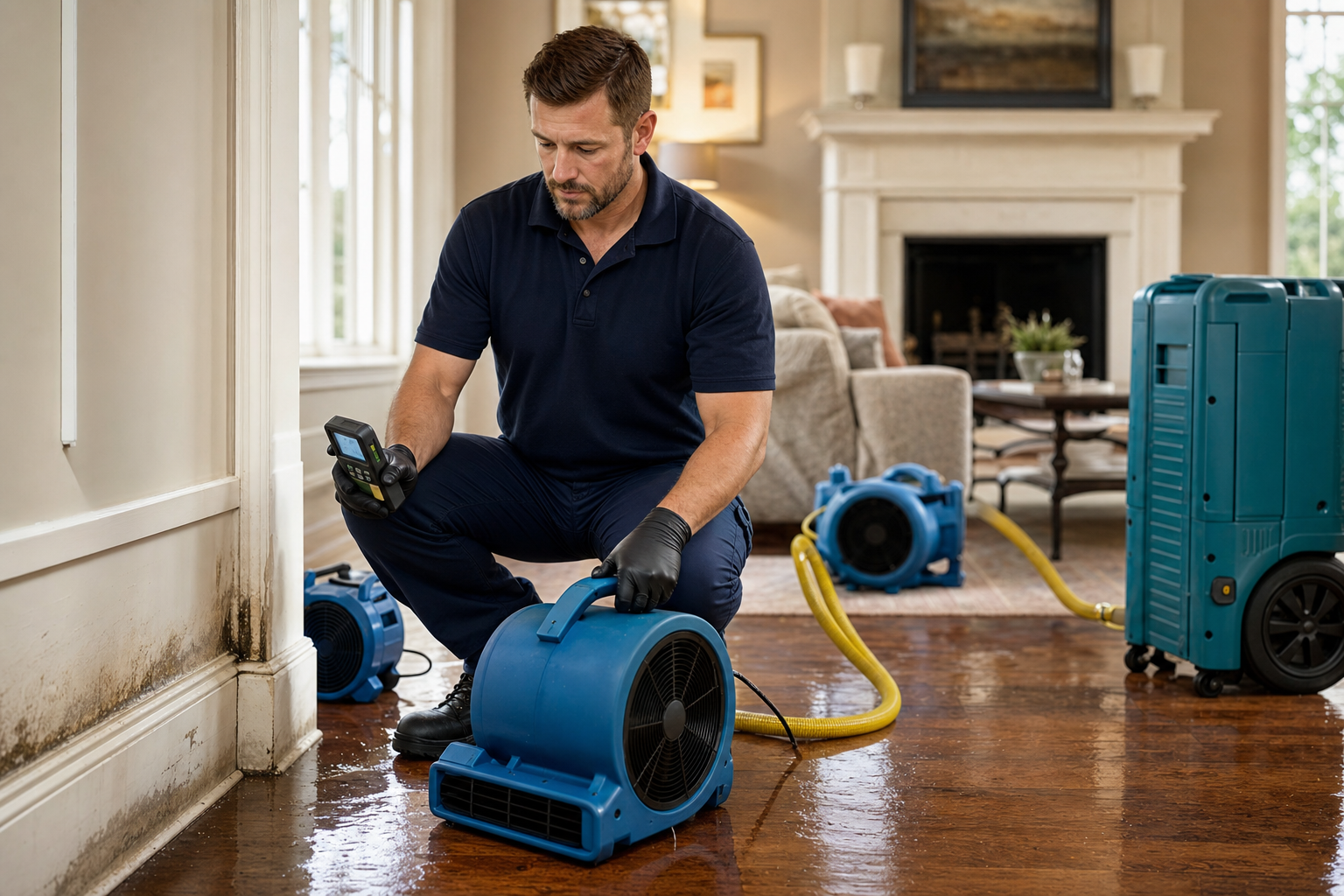 IICRC-certified water damage restoration technician drying a Tampa Bay home